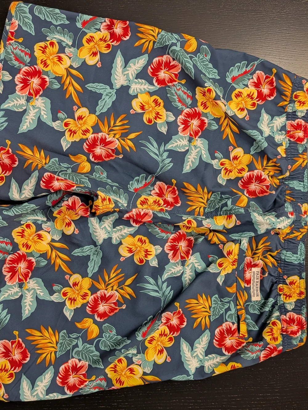 Fair Harbor Navy Swim Trunks with Yellow & Red Floral Print